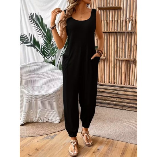 Kadın Askılı Yuvarlak Yakalı Cep Detaylı Viskon Tulum, 31891