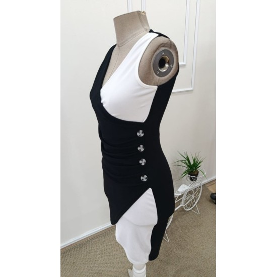 Kadın Askılı Kruvaze Yakalı Yandan Düğmeli çift Renkli Kısa Ottoman Elbise, 32629 Kadın Askılı Kruvaze Yakalı Yandan Düğmeli çift Renkli Kısa Ottoman Elbise, 32629