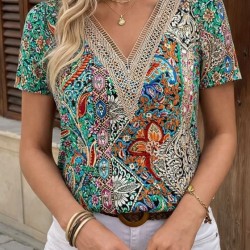 Kadın Kısa Kollu V Yakalı Desenli Süprem Bluz, 32637 Kadın Kısa Kollu V Yakalı Desenli Süprem Bluz, 32637