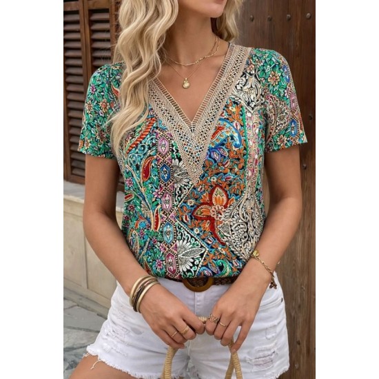 Kadın Kısa Kollu V Yakalı Desenli Süprem Bluz, 32637 Kadın Kısa Kollu V Yakalı Desenli Süprem Bluz, 32637