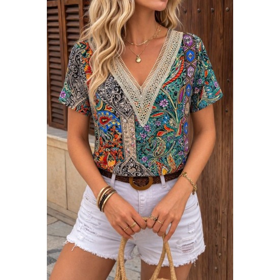 Kadın Kısa Kollu V Yakalı Desenli Süprem Bluz, 32637 Kadın Kısa Kollu V Yakalı Desenli Süprem Bluz, 32637