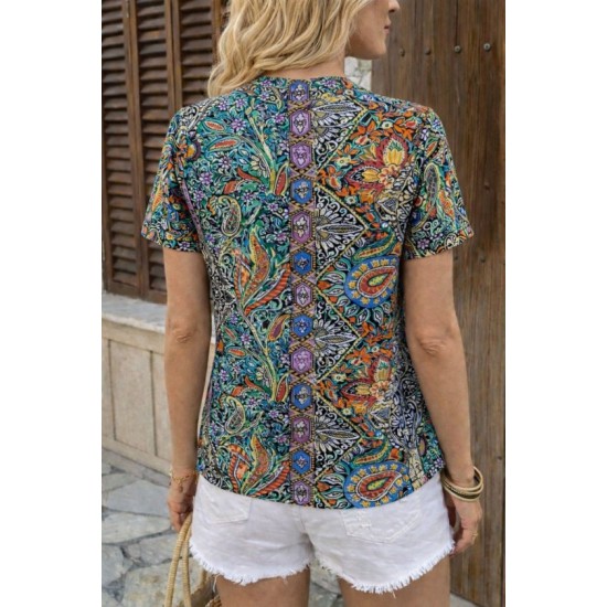 Kadın Kısa Kollu V Yakalı Desenli Süprem Bluz, 32637 Kadın Kısa Kollu V Yakalı Desenli Süprem Bluz, 32637