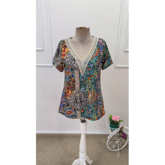 Kadın Kısa Kollu V Yakalı Desenli Süprem Bluz, 32637 Kadın Kısa Kollu V Yakalı Desenli Süprem Bluz, 32637