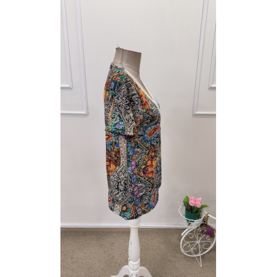 Kadın Kısa Kollu V Yakalı Desenli Süprem Bluz, 32637 Kadın Kısa Kollu V Yakalı Desenli Süprem Bluz, 32637