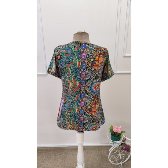 Kadın Kısa Kollu V Yakalı Desenli Süprem Bluz, 32637 Kadın Kısa Kollu V Yakalı Desenli Süprem Bluz, 32637