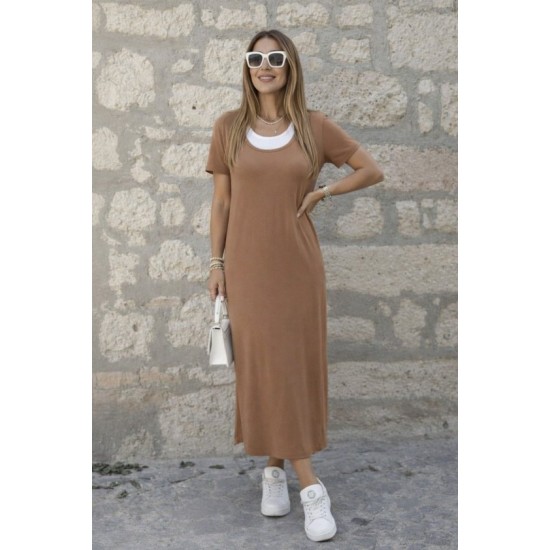 Kadın Kısa Kollu Içi Atlet Görünümlü Yandan Yırtmaçlı Uzun Viskon Elbise , 32643 Kadın Kısa Kollu Içi Atlet Görünümlü Yandan Yırtmaçlı Uzun Viskon Elbise , 32643