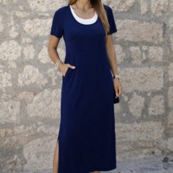 Kadın Kısa Kollu Içi Atlet Görünümlü Yandan Yırtmaçlı Uzun Viskon Elbise , 32642