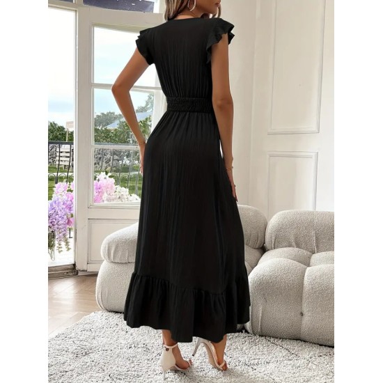 Kadın Kısa Kollu Kruvaze Yakalı Beli Lastikli Müslim Elbise, 32645