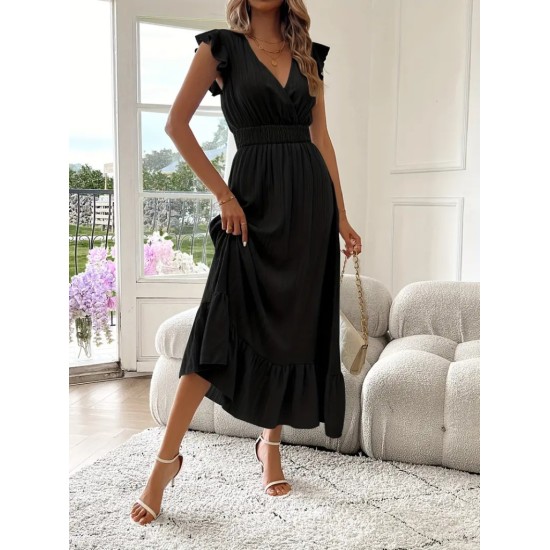 Kadın Kısa Kollu Kruvaze Yakalı Beli Lastikli Müslim Elbise, 32645