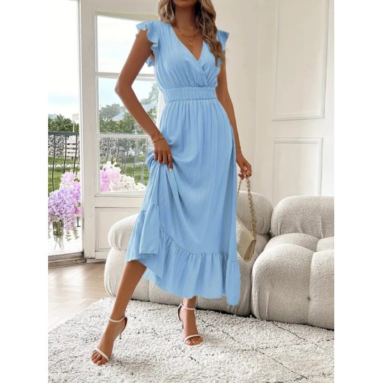 Kadın Kısa Kollu Kruvaze Yakalı Beli Lastikli Müslim Elbise, 32644