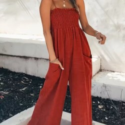 Kadın Ip Askılı Göğsü Lastik Detaylı Cepli Uzun Tulum, 32655