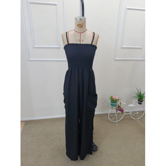 Kadın Ip Askılı Göğsü Lastik Detaylı Cepli Uzun Tulum, 32653