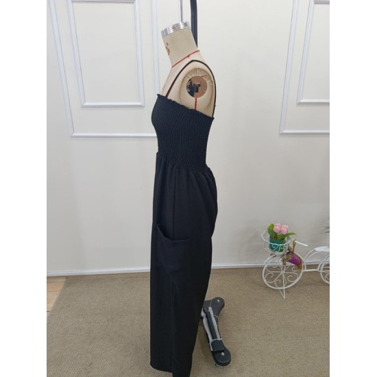 Kadın Ip Askılı Göğsü Lastik Detaylı Cepli Uzun Tulum, 32653