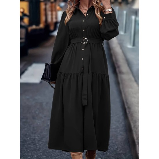 Kadın Uzun Kollu Yakalı önden Düğmeli Beli Metal Kemerli Dokuma Maksi Elbise, 32656 Kadın Uzun Kollu Yakalı önden Düğmeli Beli Metal Kemerli Dokuma Maksi Elbise, 32656