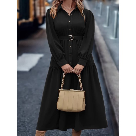 Kadın Uzun Kollu Yakalı önden Düğmeli Beli Metal Kemerli Dokuma Maksi Elbise, 32656 Kadın Uzun Kollu Yakalı önden Düğmeli Beli Metal Kemerli Dokuma Maksi Elbise, 32656