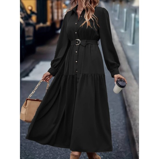 Kadın Uzun Kollu Yakalı önden Düğmeli Beli Metal Kemerli Dokuma Maksi Elbise, 32656 Kadın Uzun Kollu Yakalı önden Düğmeli Beli Metal Kemerli Dokuma Maksi Elbise, 32656