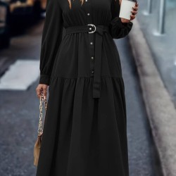 Kadın Uzun Kollu Yakalı önden Düğmeli Beli Metal Kemerli Dokuma Maksi Elbise, 32656