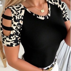 Kadın Kısa Kollu Yuvarlak Yaka Kollarda şerit Detaylı Leoparlı Viskon Bluz , 32657 Kadın Kısa Kollu Yuvarlak Yaka Kollarda şerit Detaylı Leoparlı Viskon Bluz , 32657