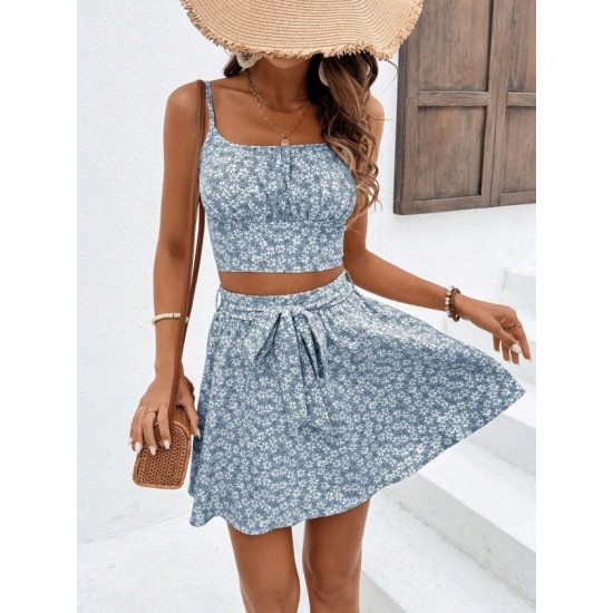 Kadın Ip Askılı Desenli Süprem Kısa Krop Bluz Ve Kiloş Etek Ikili Takım , 32665