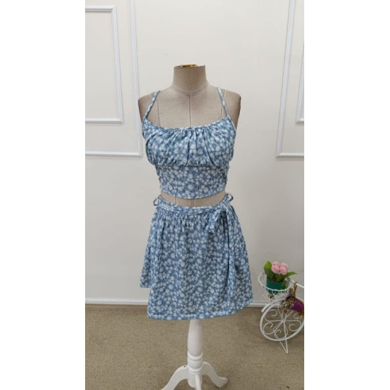 Kadın Ip Askılı Desenli Süprem Kısa Krop Bluz Ve Kiloş Etek Ikili Takım , 32665