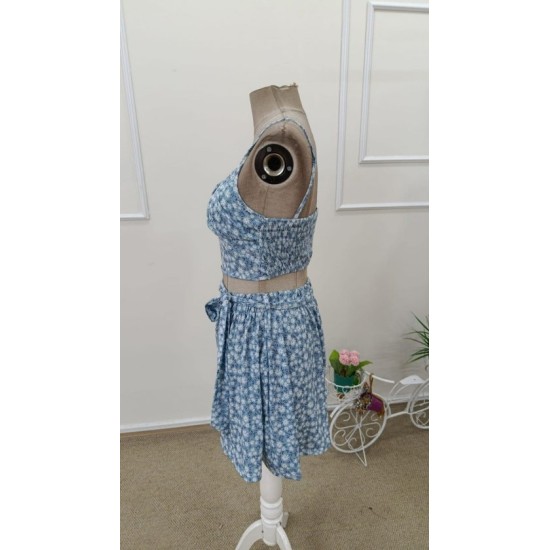 Kadın Ip Askılı Desenli Süprem Kısa Krop Bluz Ve Kiloş Etek Ikili Takım , 32665