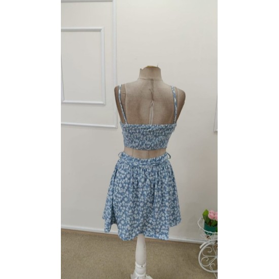 Kadın Ip Askılı Desenli Süprem Kısa Krop Bluz Ve Kiloş Etek Ikili Takım , 32665