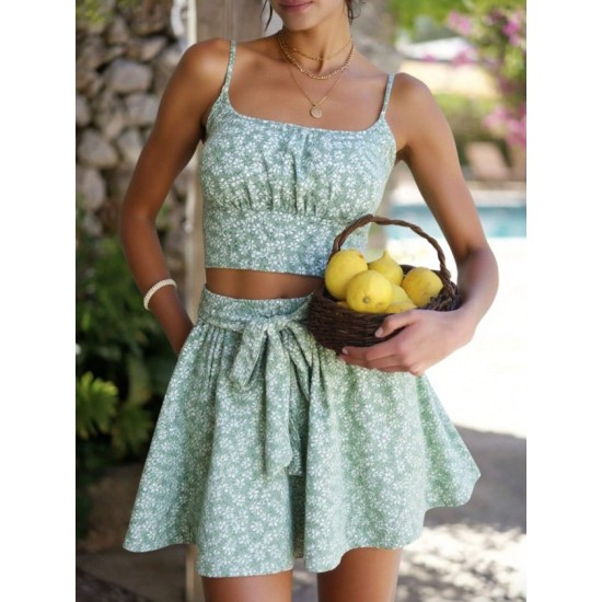 Kadın Ip Askılı Desenli Süprem Kısa Krop Bluz Ve Kiloş Etek Ikili Takım , 32664