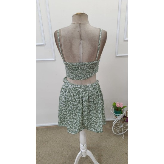 Kadın Ip Askılı Desenli Süprem Kısa Krop Bluz Ve Kiloş Etek Ikili Takım , 32664