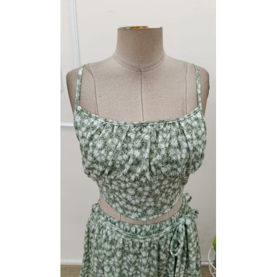 Kadın Ip Askılı Desenli Süprem Kısa Krop Bluz Ve Kiloş Etek Ikili Takım , 32664