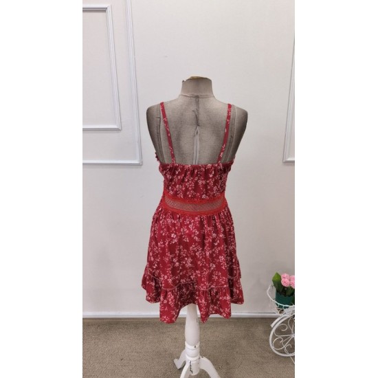 Kadın Ip Askılı V Yakalı Kısa Desenli Süprem Elbise , 32669