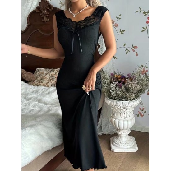 Kadın Askılı Dantel Yakalı Uzun Kalın Fitilli Kaşkorse Gecelik, 32668