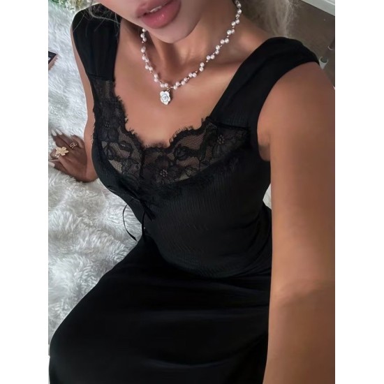 Kadın Askılı Dantel Yakalı Uzun Kalın Fitilli Kaşkorse Gecelik, 32668