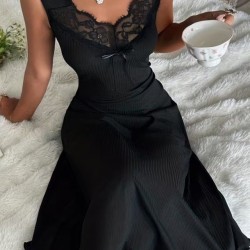 Kadın Askılı Dantel Yakalı Uzun Kalın Fitilli Kaşkorse Gecelik, 32668