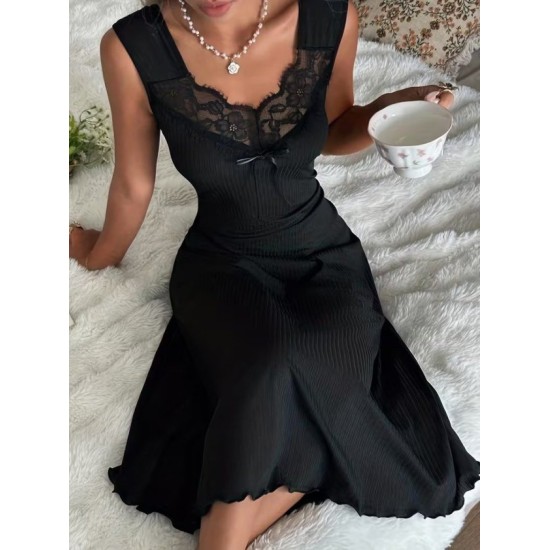 Kadın Askılı Dantel Yakalı Uzun Kalın Fitilli Kaşkorse Gecelik, 32668