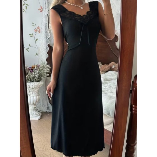 Kadın Askılı Dantel Yakalı Uzun Kalın Fitilli Kaşkorse Gecelik, 32668