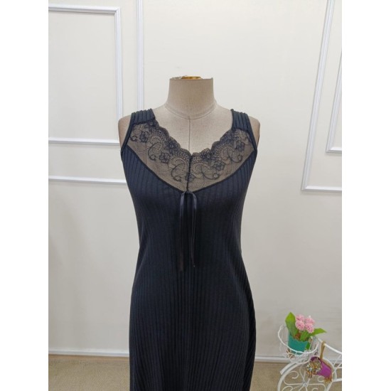 Kadın Askılı Dantel Yakalı Uzun Kalın Fitilli Kaşkorse Gecelik, 32668