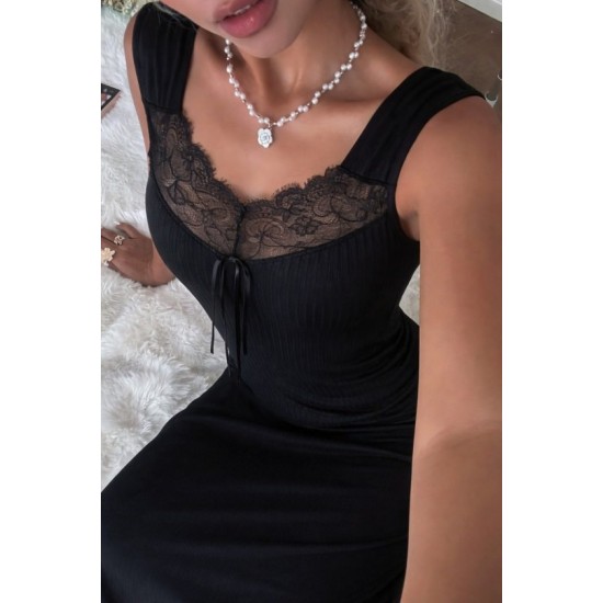 Kadın Askılı Dantel Yakalı Uzun Kalın Fitilli Kaşkorse Gecelik, 32668