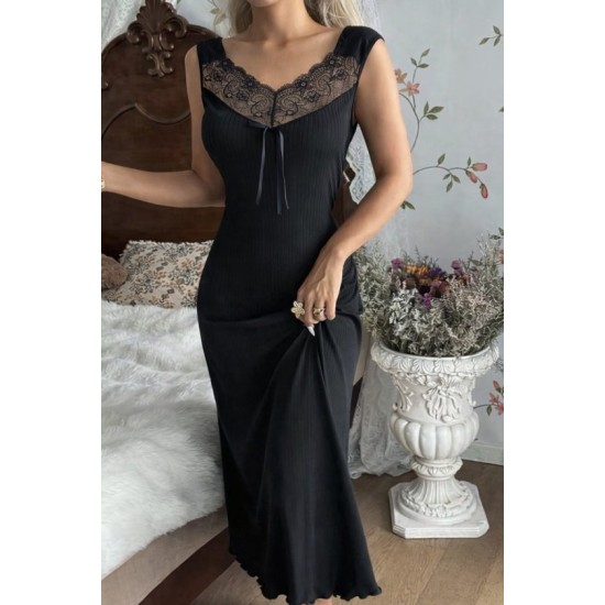 Kadın Askılı Dantel Yakalı Uzun Kalın Fitilli Kaşkorse Gecelik, 32668