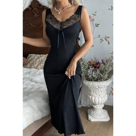 Kadın Askılı Dantel Yakalı Uzun Kalın Fitilli Kaşkorse Gecelik, 32668