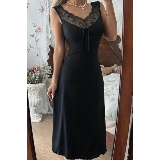 Kadın Askılı Dantel Yakalı Uzun Kalın Fitilli Kaşkorse Gecelik, 32668