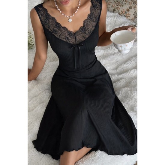 Kadın Askılı Dantel Yakalı Uzun Kalın Fitilli Kaşkorse Gecelik, 32668