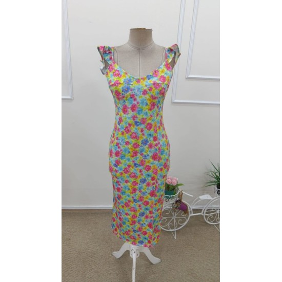 Kadın Askılı Göğüs Dekolteli Yırtmaçlı Desenli Midi Dalgıç Elbise , 32667