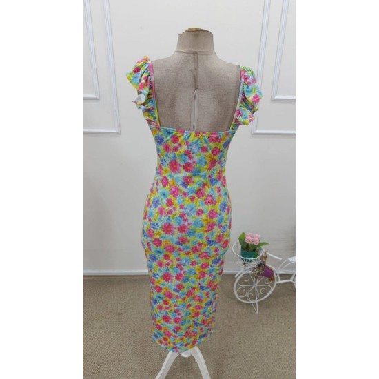 Kadın Askılı Göğüs Dekolteli Yırtmaçlı Desenli Midi Dalgıç Elbise , 32667