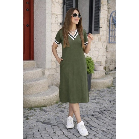 Kadın Kısa Kollu V Yaka Ve Yaka Ribana Detay Midiboy Viskon Elbise, 32677