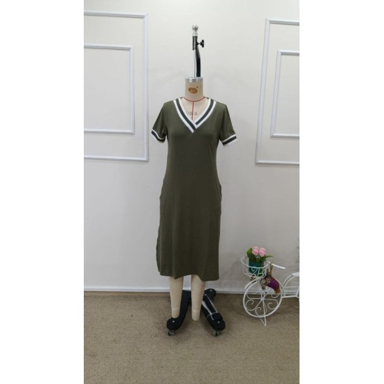 Kadın Kısa Kollu V Yaka Ve Yaka Ribana Detay Midiboy Viskon Elbise, 32677