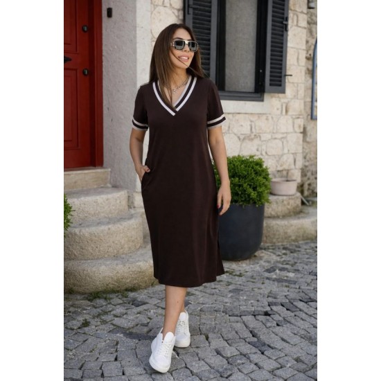 Kadın Kısa Kollu V Yaka Ve Yaka Ribana Detay Midiboy Viskon Elbise, 32676