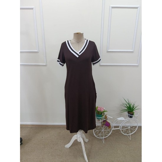 Kadın Kısa Kollu V Yaka Ve Yaka Ribana Detay Midiboy Viskon Elbise, 32676