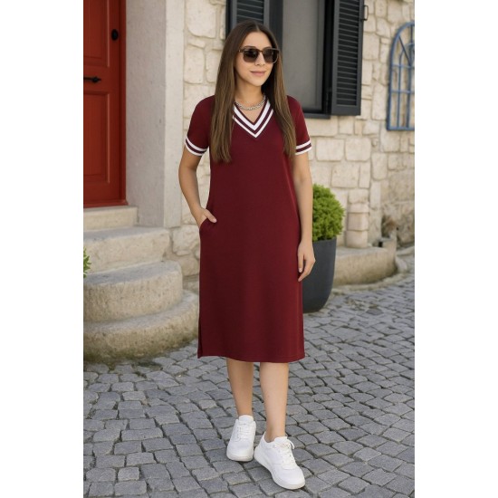 Kadın Kısa Kollu V Yaka Ve Yaka Ribana Detay Midiboy Viskon Elbise, 32675