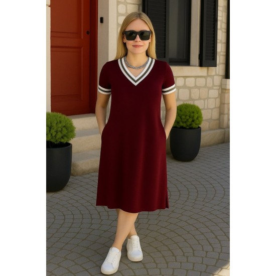 Kadın Kısa Kollu V Yaka Ve Yaka Ribana Detay Midiboy Viskon Elbise, 32675