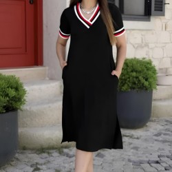 Kadın Kısa Kollu V Yaka Ribana Detay Midiboy Viskon Elbise, 32674 Kadın Kısa Kollu V Yaka Ribana Detay Midiboy Viskon Elbise, 32674